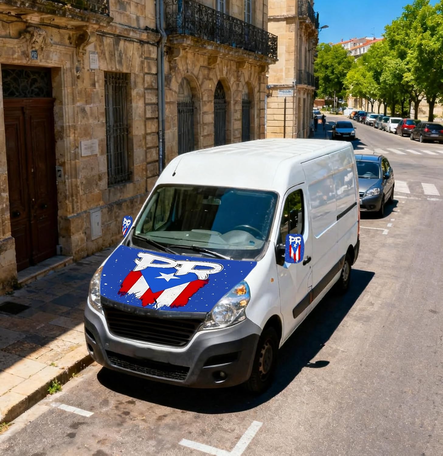 Xalvoria Puerto Rico PR flag car hood cover fitted on white delivery van, highlighting universal compatibility for vans.