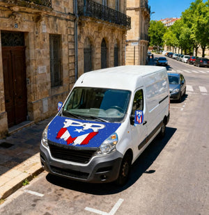 Xalvoria Puerto Rico PR flag car hood cover fitted on white delivery van, highlighting universal compatibility for vans.