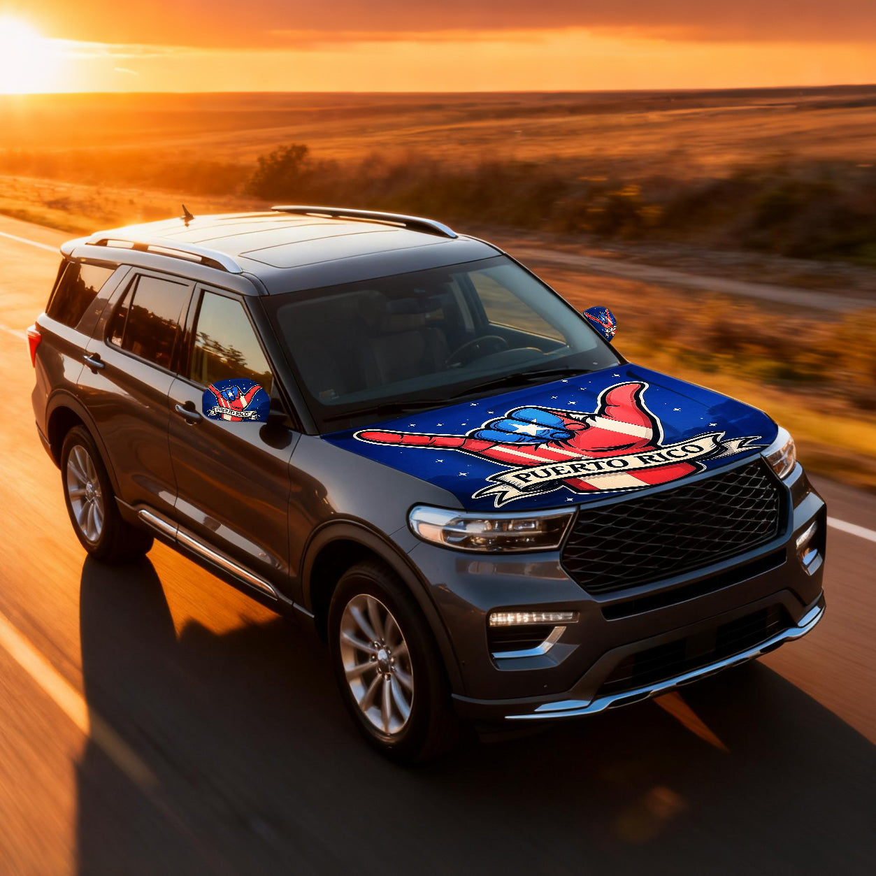 Xalvoria Puerto Rico Shaka Hand Car Hood Cover featured on an SUV driving on a highway at sunset, emphasizing dynamic outdoor use.