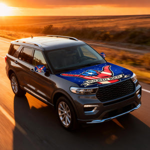 Xalvoria Puerto Rico Shaka Hand Car Hood Cover featured on an SUV driving on a highway at sunset, emphasizing dynamic outdoor use.