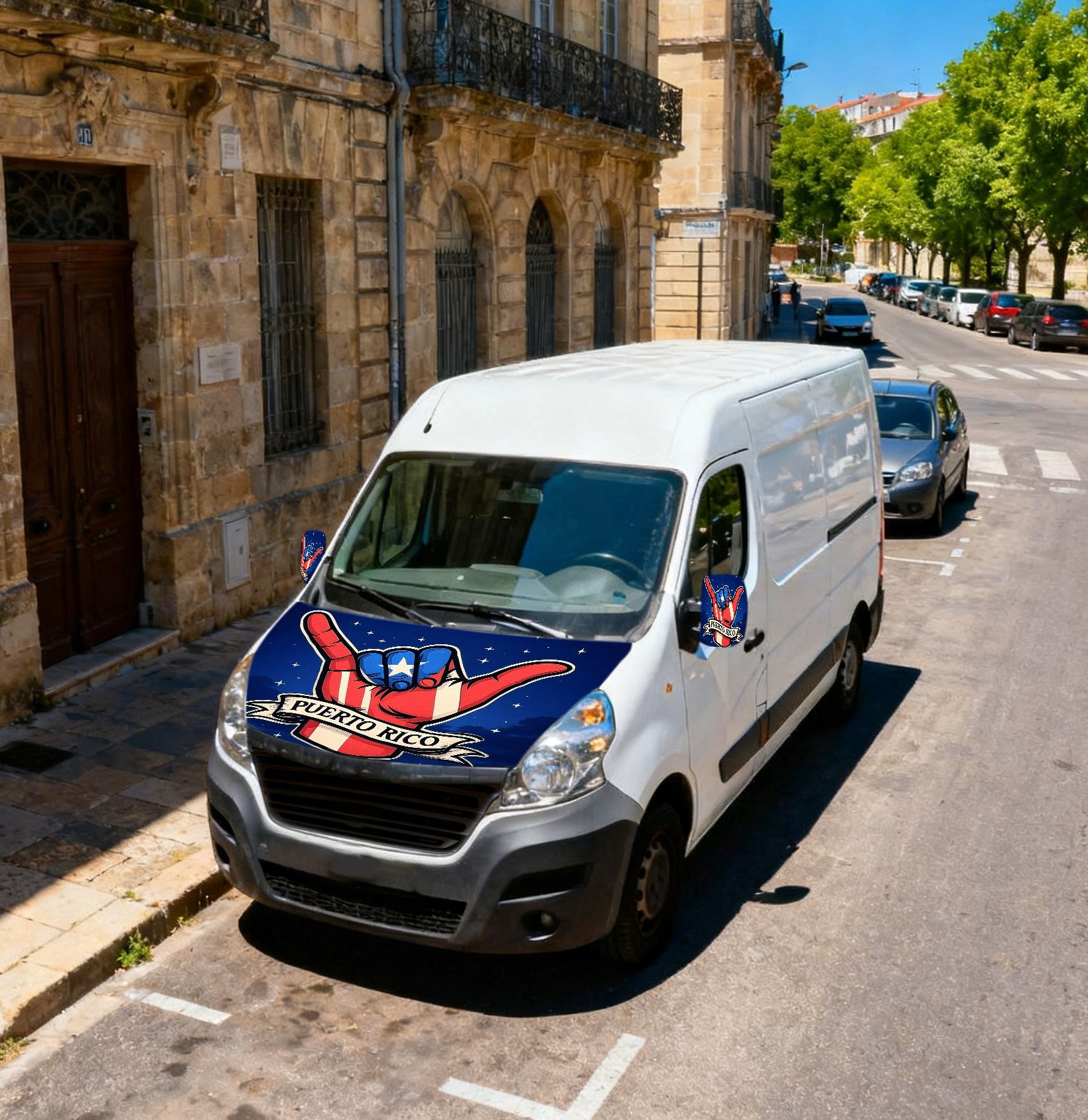 Xalvoria Puerto Rico Shaka Hand Car Hood Cover shown on a parked delivery van in a historic urban street setting.
