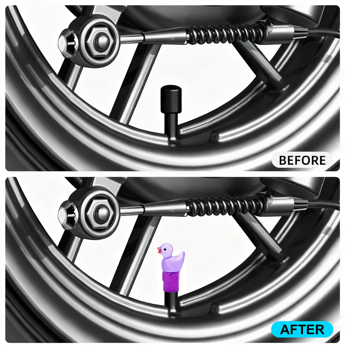 Xalvoria purple duck valve stem cap before and after comparison showing how the cute duck design upgrades the look of car or motorcycle wheels.