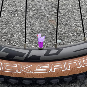 Xalvoria purple duck valve stem cap mounted on a bicycle wheel demonstrating fun and stylish tire decoration.