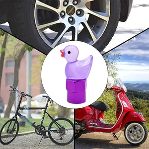 Xalvoria purple duck valve stem cap shown on car, bicycle, and scooter wheels highlighting universal Schrader valve compatibility.
