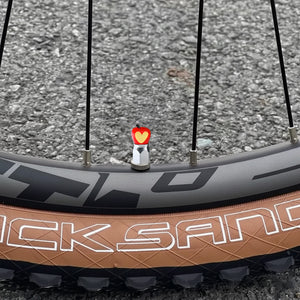 Xalvoria red Apple Core valve stem cap mounted on a bicycle wheel in an outdoor riding scene.