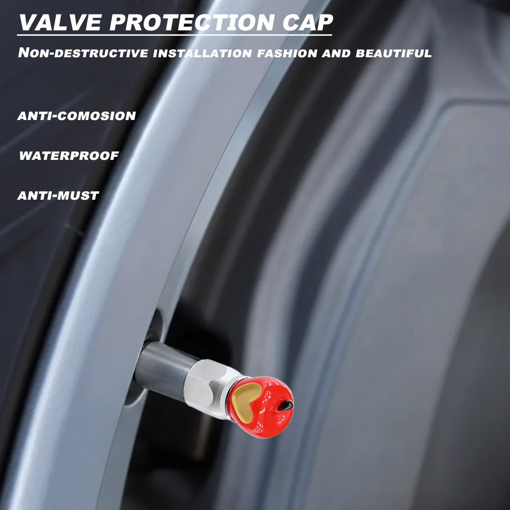 Xalvoria red Apple Core valve stem cap shown on a car wheel highlighting waterproof, anti-corrosion, and dustproof protection features.