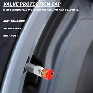 Xalvoria red Apple Core valve stem cap shown on a car wheel highlighting waterproof, anti-corrosion, and dustproof protection features.