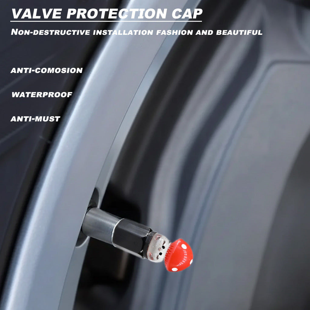 Xalvoria red Mushroom valve stem cap displayed on vehicle wheel showing waterproof and anti-corrosion features.