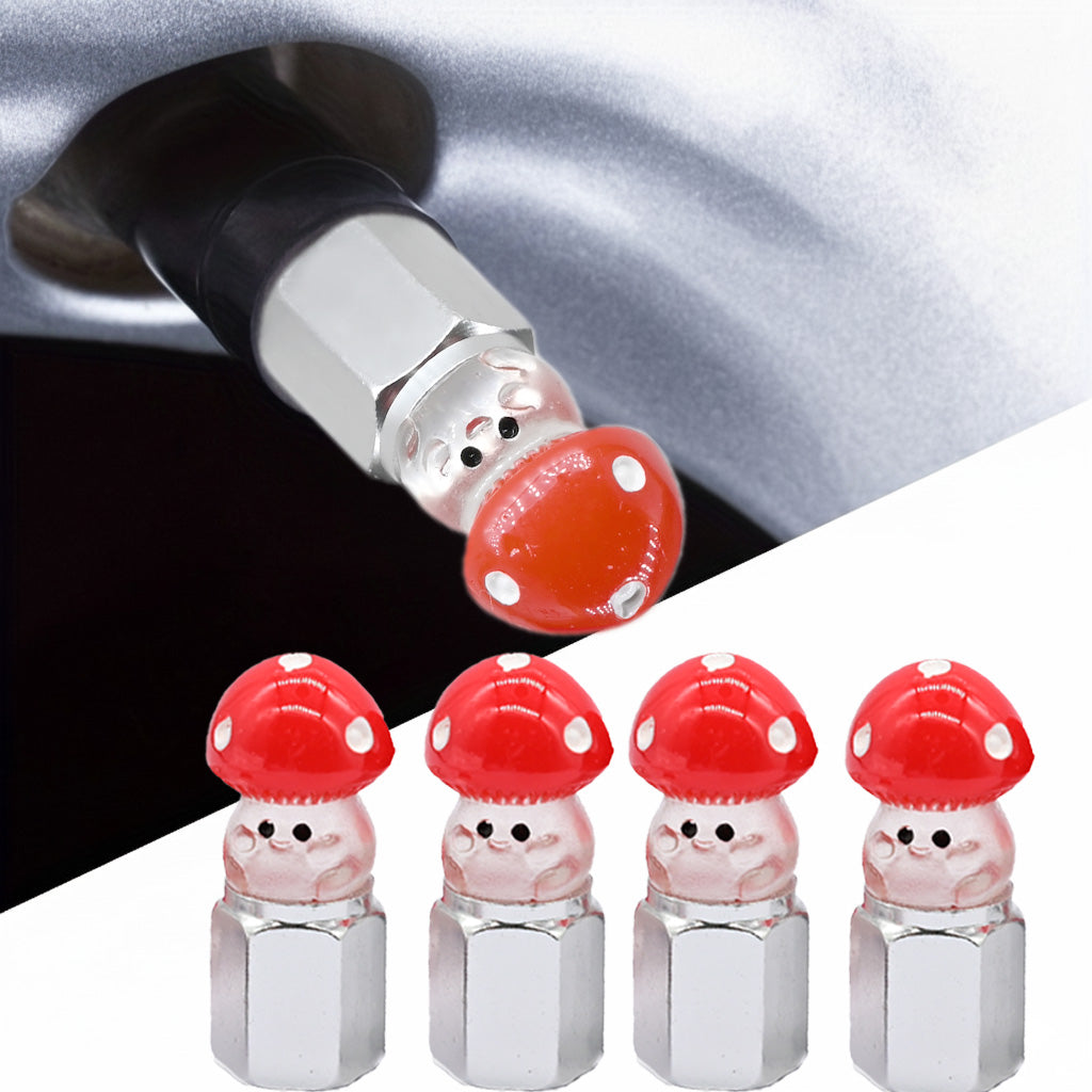 Xalvoria red Mushroom valve stem caps 4-pack shown with red mushroom design and silver base.