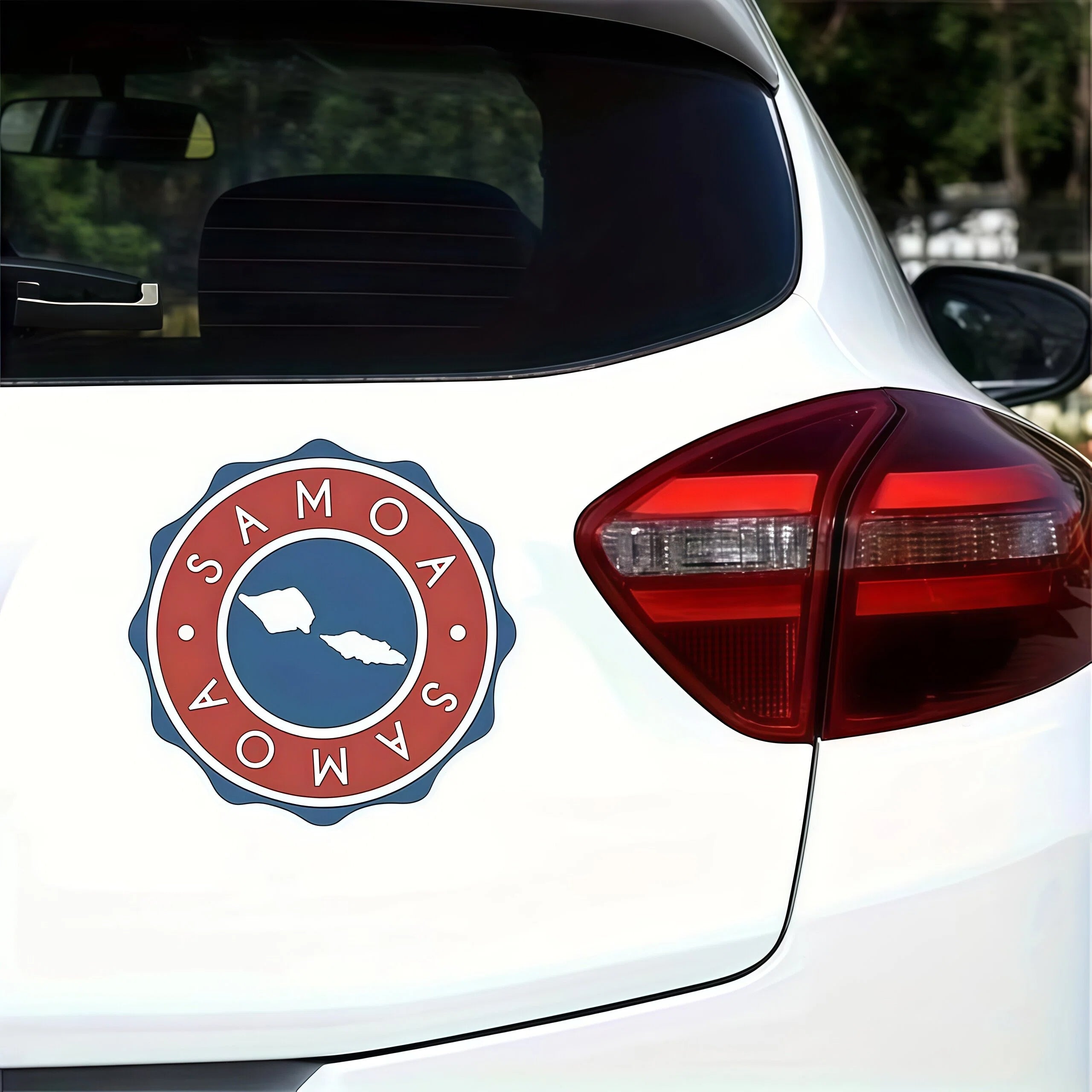 Xalvoria Samoa round flag decal applied to white sedan rear panel