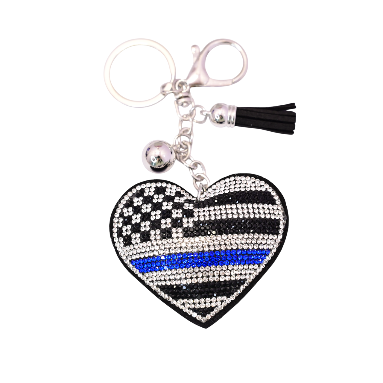 Xalvoria Thin Blue Line rhinestone heart keychain with tassel and silver clasp on clean white background