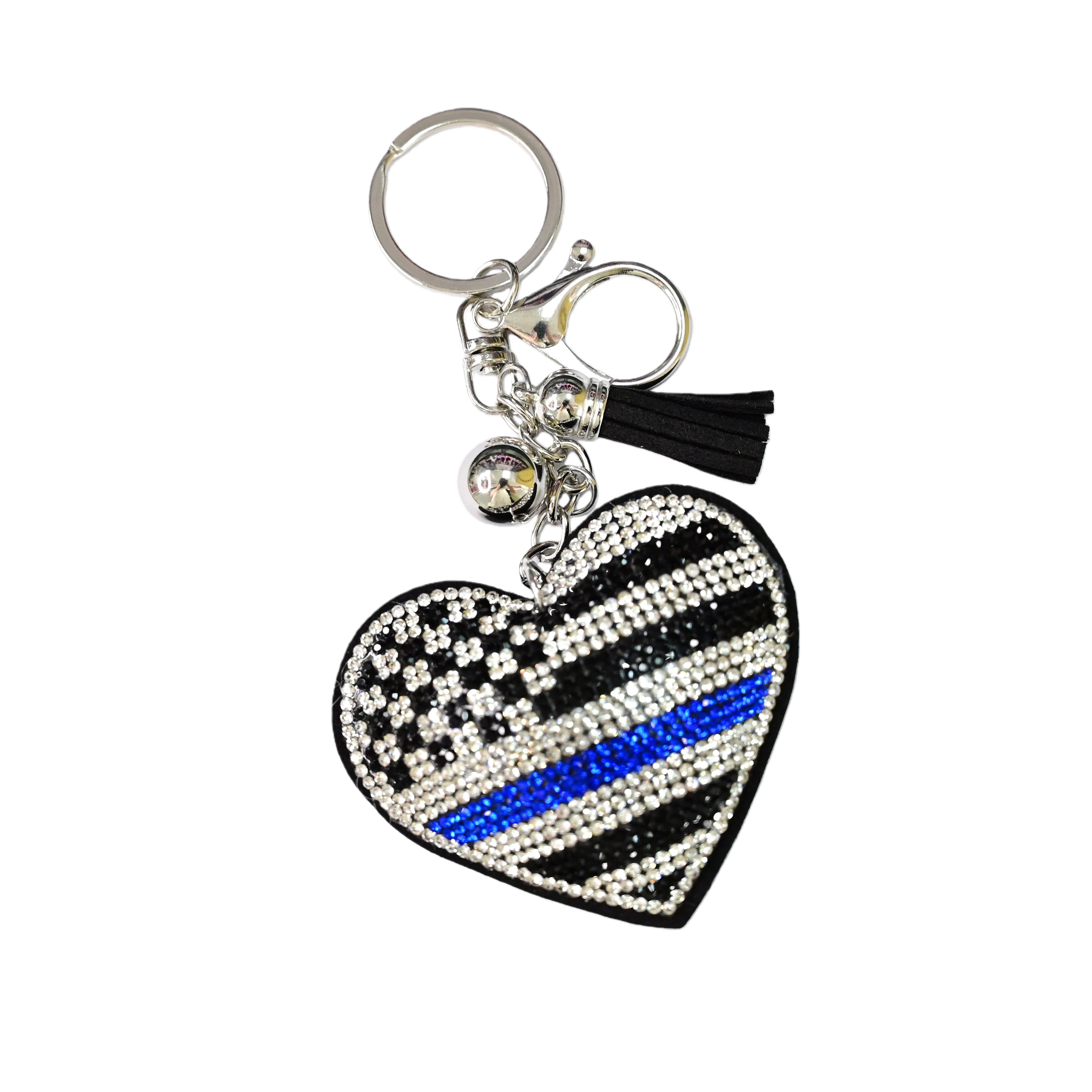 Xalvoria Thin Blue Line heart keychain with rhinestone American flag design, front view