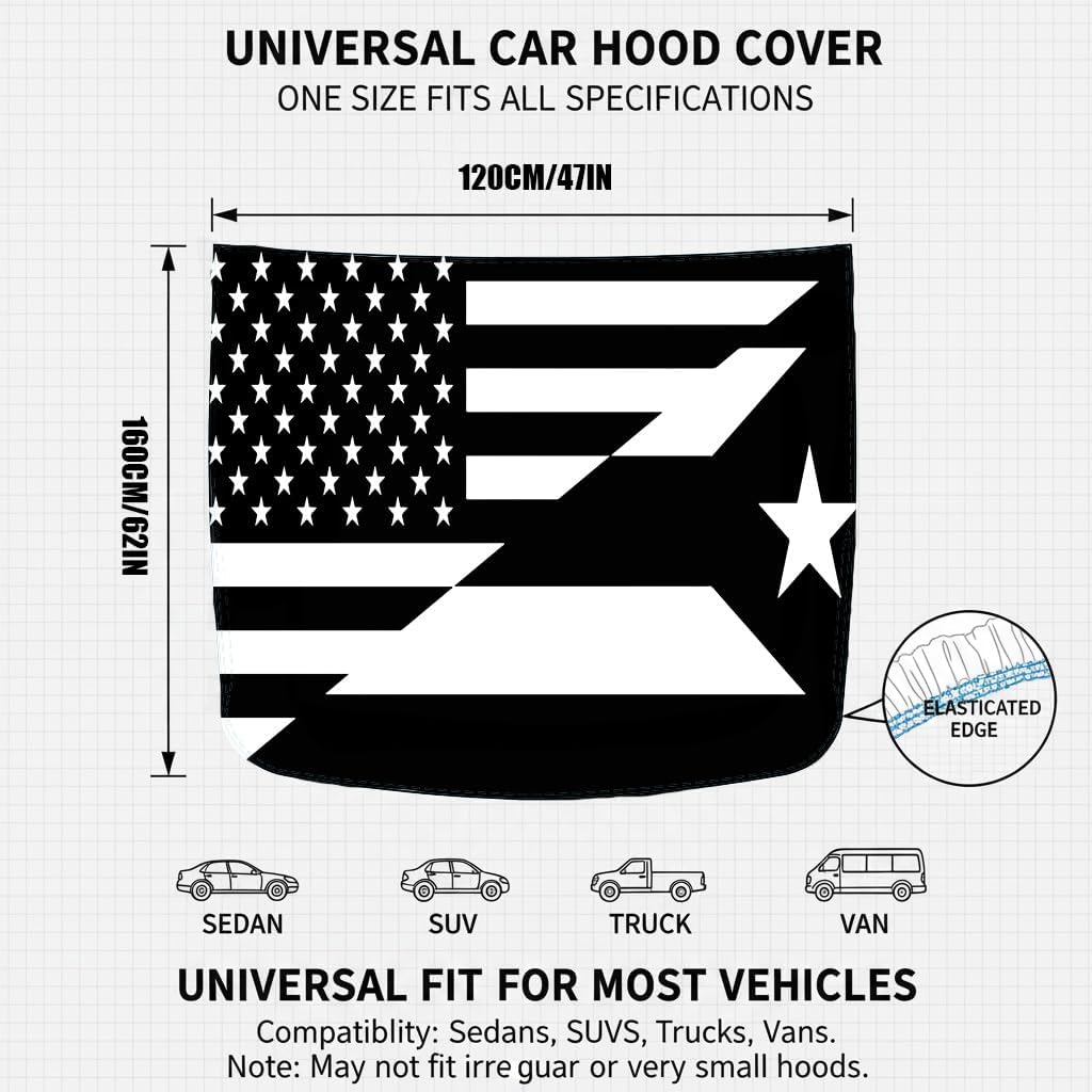 Xalvoria USA and Puerto Rico flag car hood cover size chart showing 47 inch width and 62 inch height