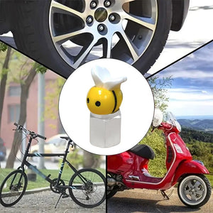 Xalvoria yellow bee valve stem cap shown in multiple usage scenarios, including cars, bicycles, and scooters.