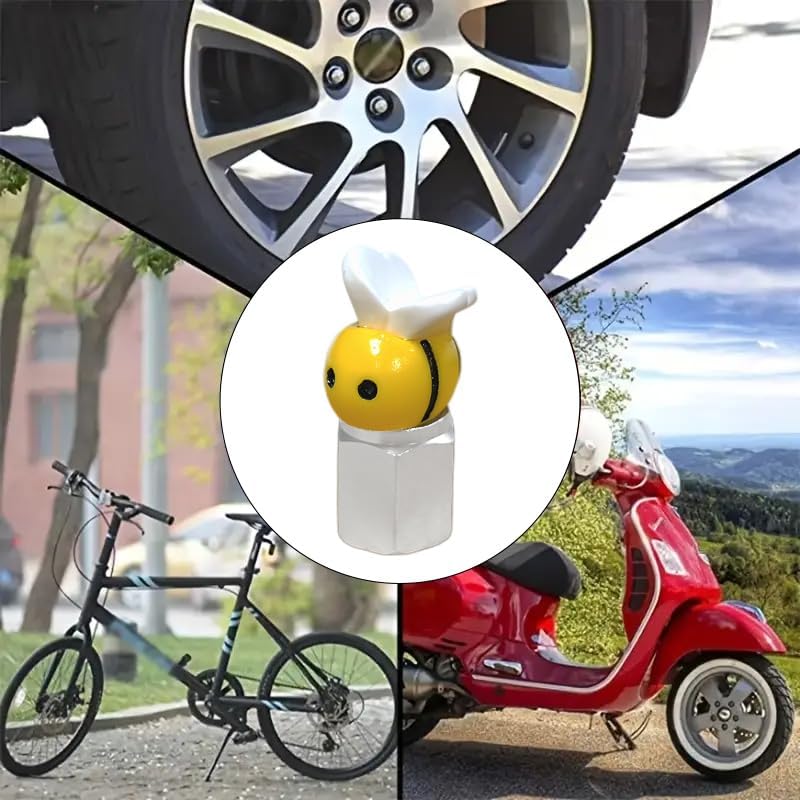Xalvoria yellow bee valve stem cap shown in multiple usage scenarios, including cars, bicycles, and scooters.