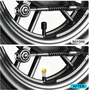 Xalvoria yellow bee valve stem cap before and after comparison showing decorative upgrade on a wheel valve.
