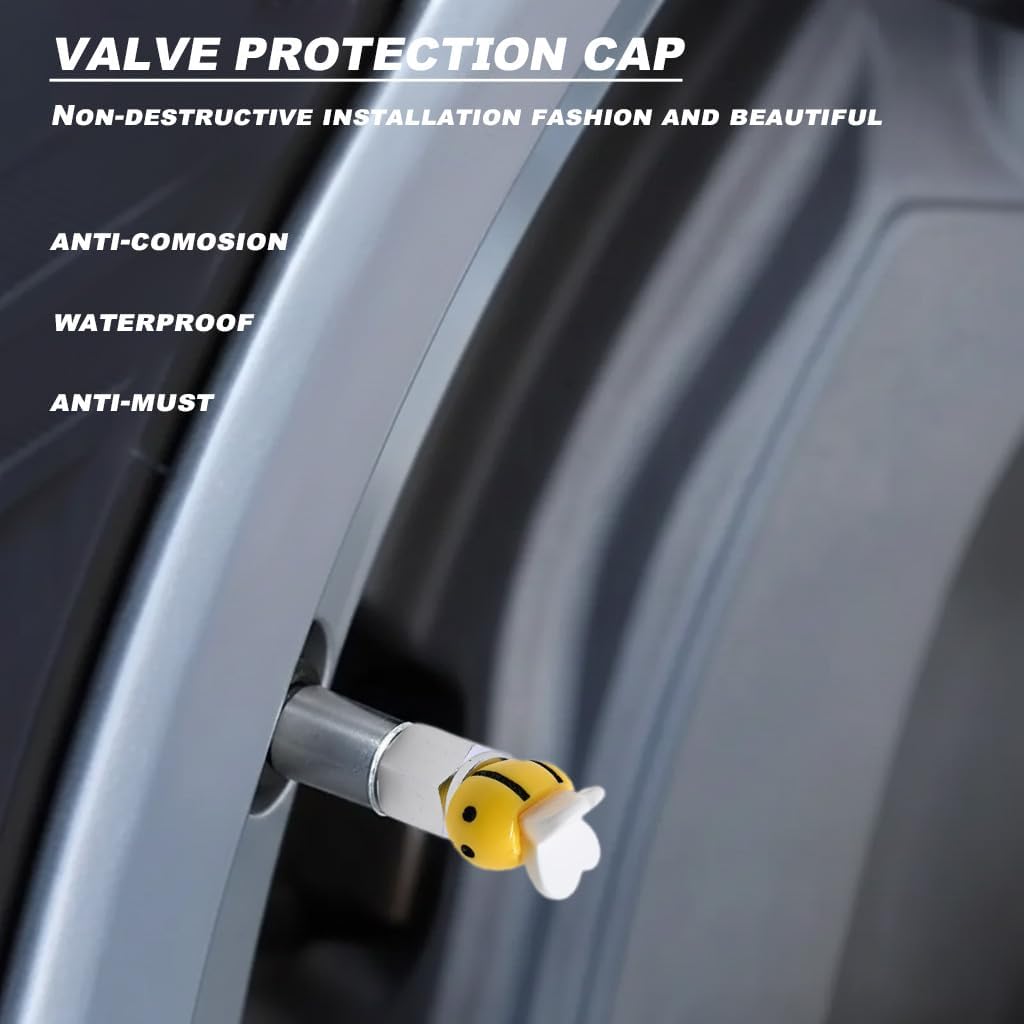 Xalvoria yellow bee valve stem cap highlighting anti-corrosion and waterproof protection on a vehicle wheel valve.