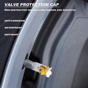 Xalvoria yellow bee valve stem cap highlighting anti-corrosion and waterproof protection on a vehicle wheel valve.