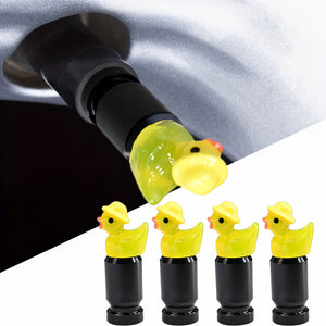 Xalvoria yellow duck valve stem caps with fisher hats, designed for Schrader valve fit, perfect for cars, trucks, bikes, and motorcycles. Durable, dustproof, and moisture-resistant tire valve protection.