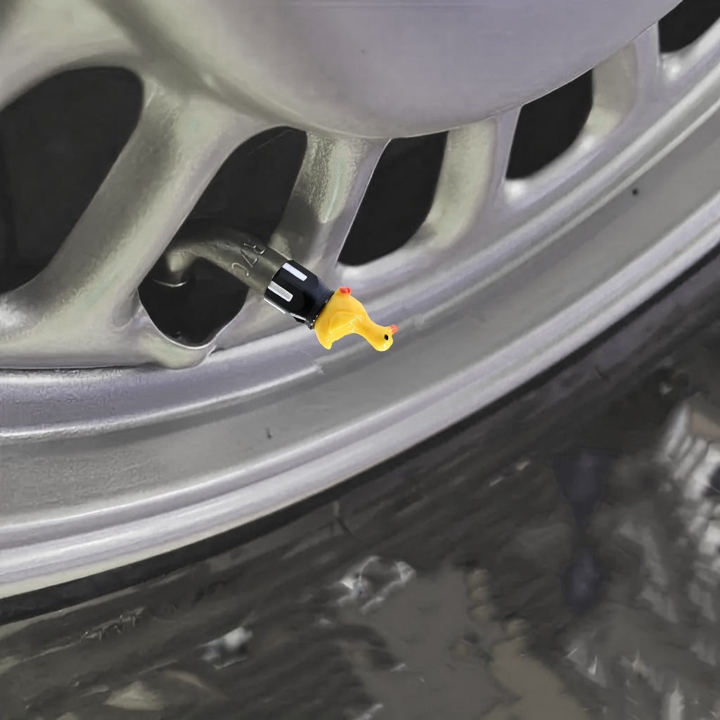 Xalvoria Yellow Goose valve stem cap installed on car wheel valve stem
