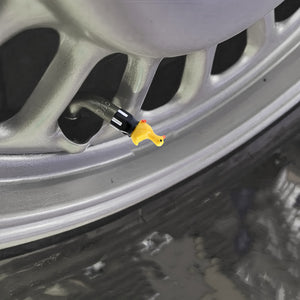 Xalvoria Yellow Goose valve stem cap installed on car wheel valve stem