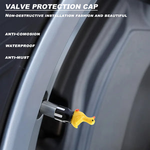 Xalvoria Yellow Goose valve stem cap shown on wheel for protection demonstration