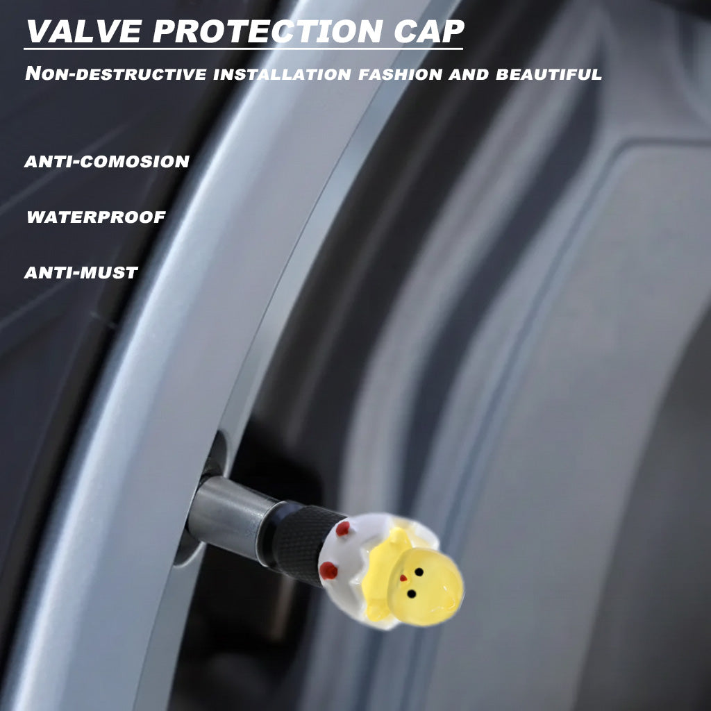 Xalvoria yellow hatching chick valve stem cap installed on car wheel
