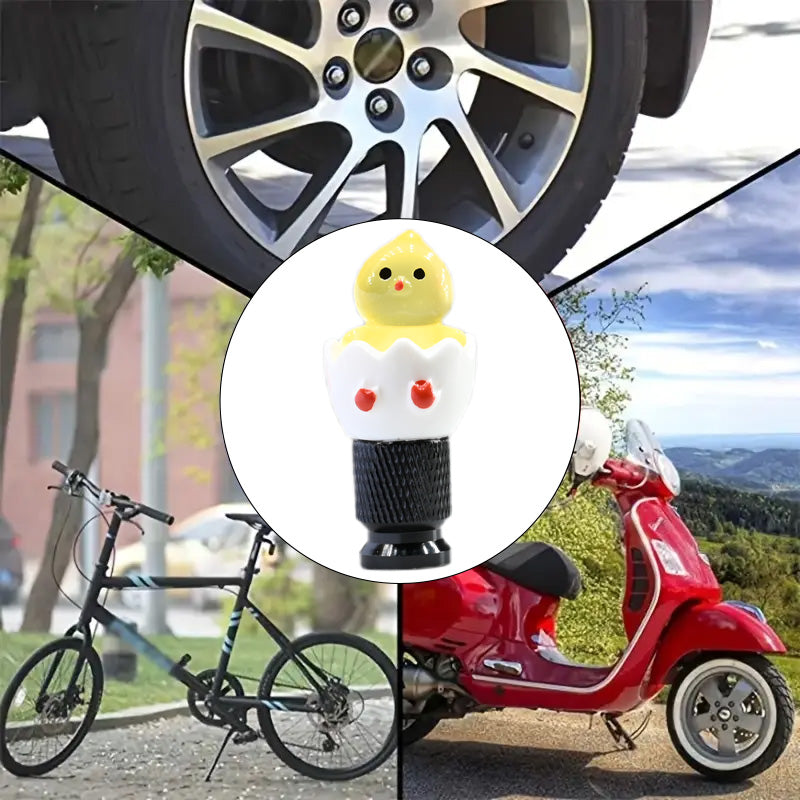 Xalvoria yellow hatching chick valve stem cap shown in multi-scene display for cars, bikes, and scooters